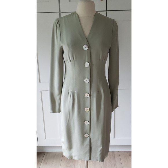 VTG Ildi Marshall Dress Womens 2 Green Button Front Long Sleeve Modest Midi - Picture 1 of 7